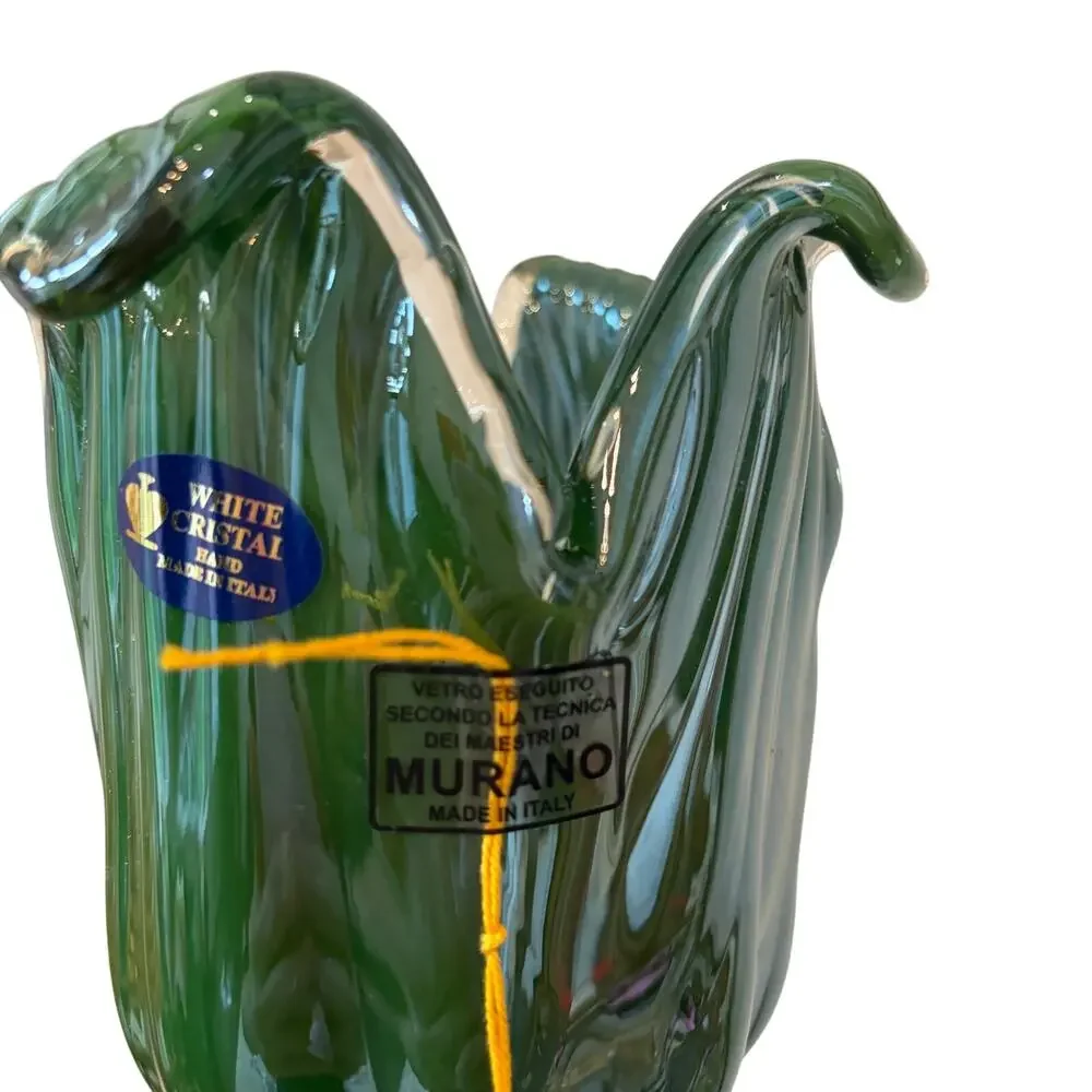 Italian Hand Blown Murano Art Glass Green Tulip Candle Holder Amber Stem 13